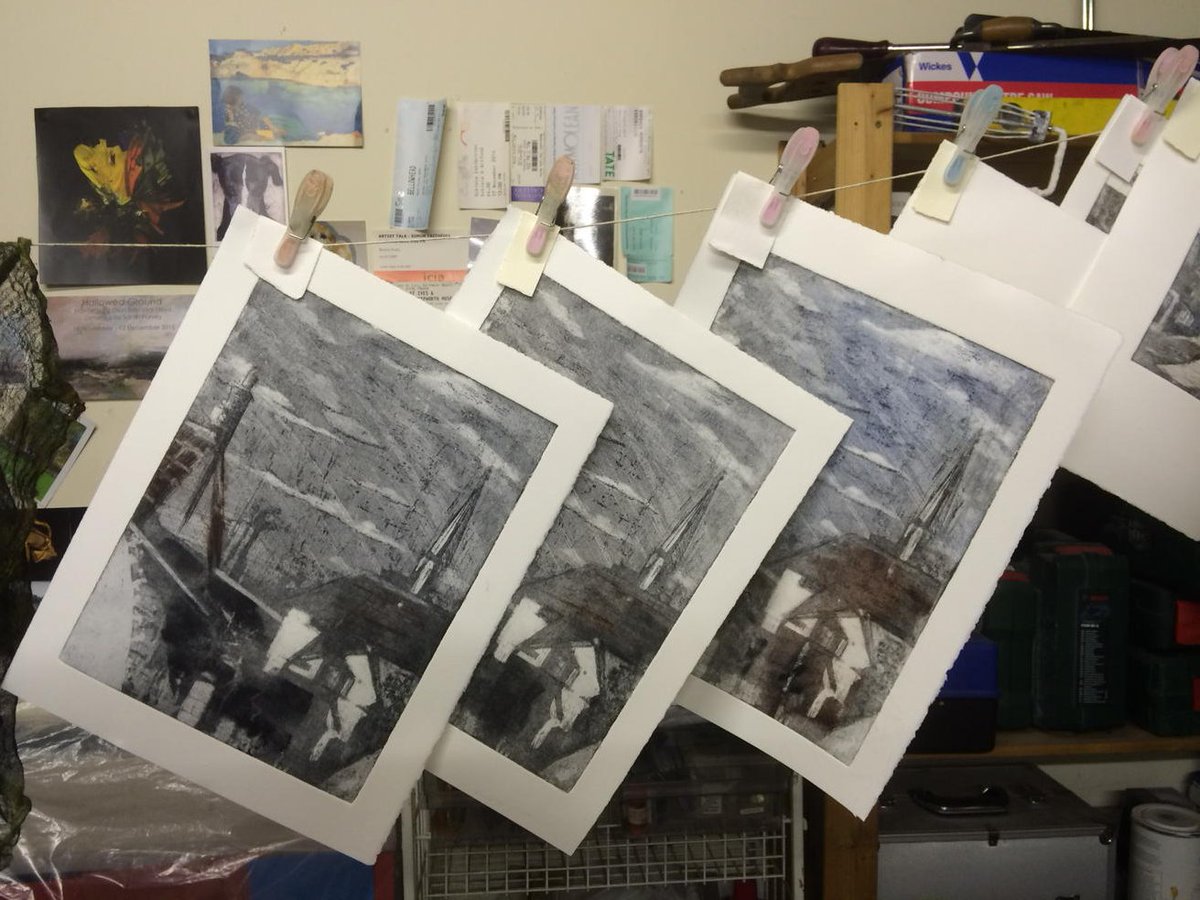 CaroleAnneTonge's tweet photo. A line of #prints drying after a hard days work. Ready to go to @FromeArts @RoundTower_bs 2-3 April 10-4pm https://t.co/SHb4ZkVX0j