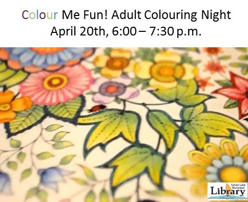 SylvanLib's tweet photo. @SylvanLake_AB #ColourMeFun will be the 3rd Wednesday of every month at the Library. #SylvanLake @JswanSLNews https://t.co/nLzSRxV1ow
