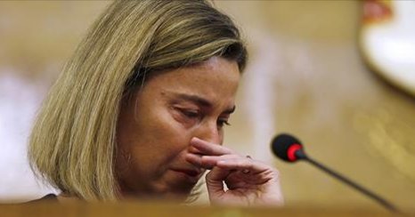 GrayCardinal1's tweet photo. When need to be strong &amp;show power #FredericaMogherini simpy cry. #Europe is doomed by emotional women who rule them https://t.co/Rv7ijlIV5B