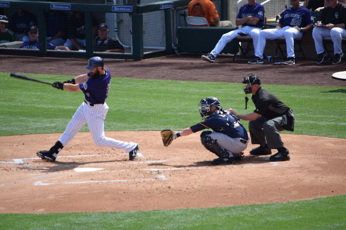 adamrkinney's tweet photo. Blackmon gets one back on a leadoff solo shot. 2-1 #brewers #rockiesspring https://t.co/GPa0brA8wJ