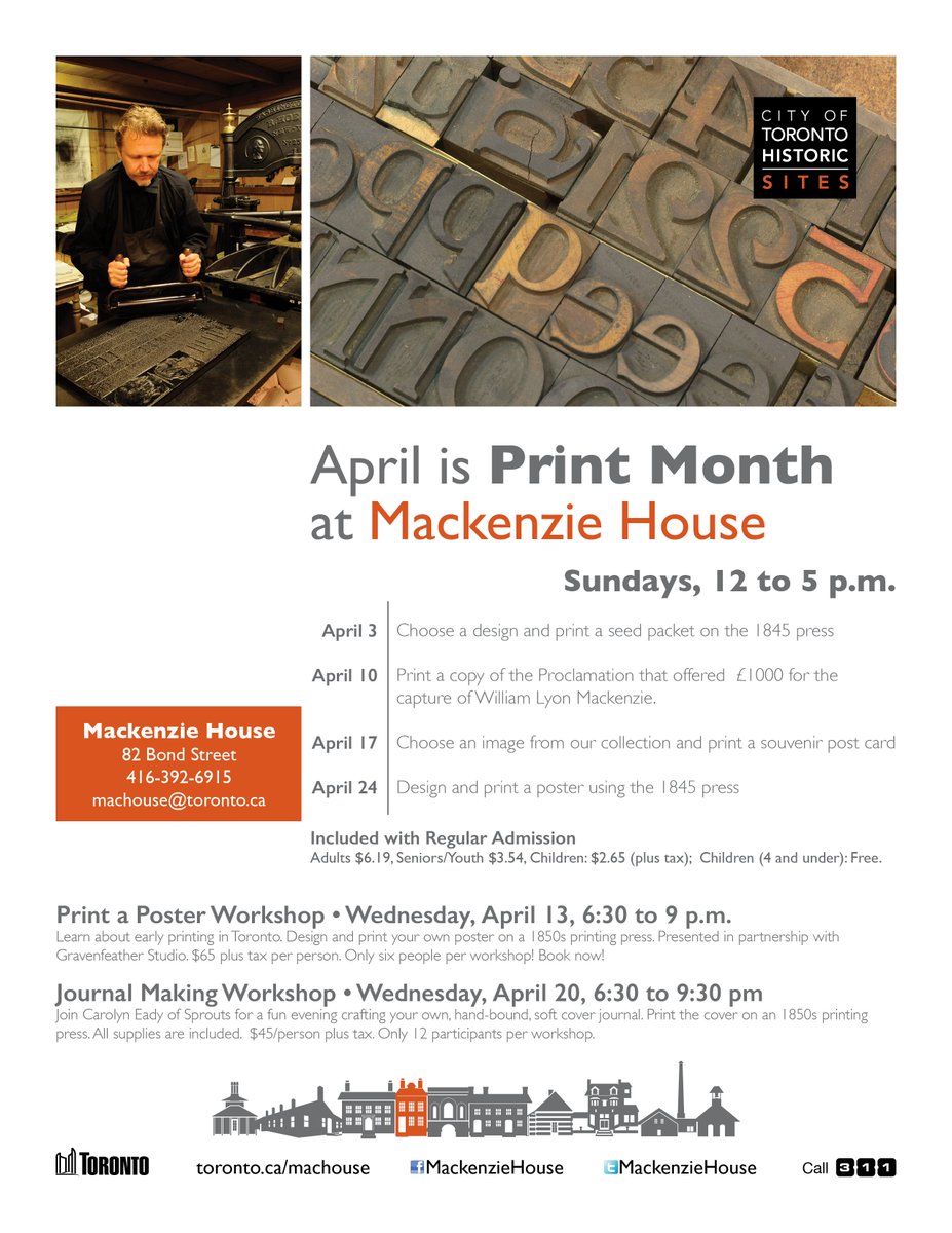 DowntownYonge's tweet photo. April is #PrintMonth at @MackenzieHouse, w/ fun activities incl. Print a Poster workshops &amp; journal making! https://t.co/gF68BQjpc7