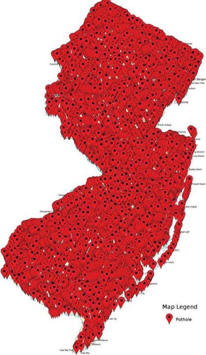 BasedAndrewGod's tweet photo. Here's a map of all the potholes in New Jersey https://t.co/xvYQ2boSAo