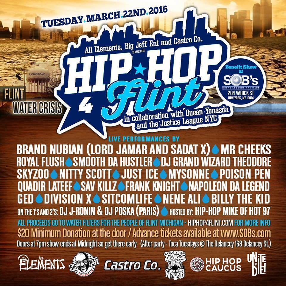 Zewdy's tweet photo. #NYC! TONIGHT is your #HipHop4Flint event at @SOBs! my bro @DylanDili is performing, along w/many others! 7pm! https://t.co/DfxEjZf0AE