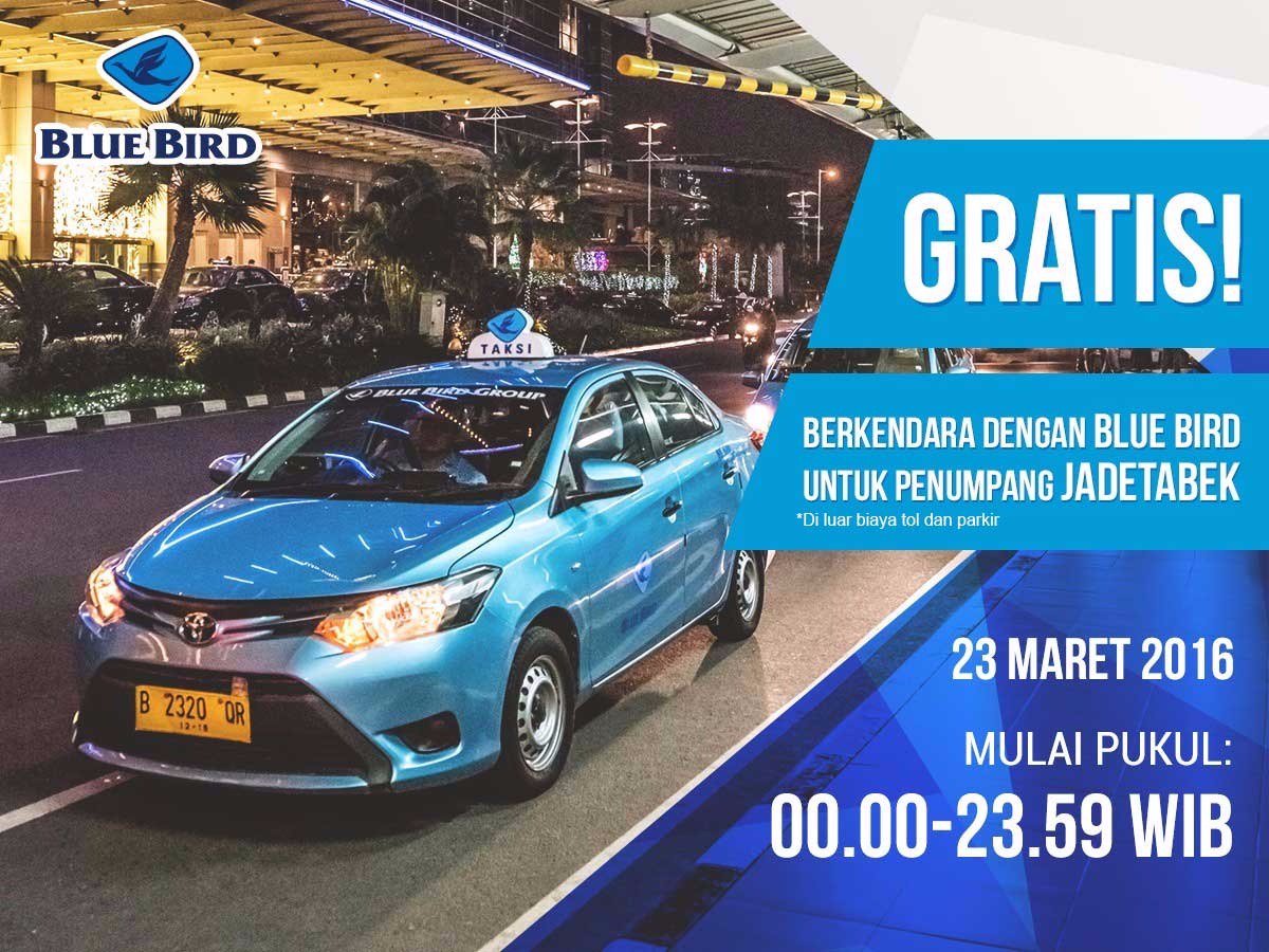 bluebirdgroup's tweet photo. Hari ini, hingga pk 23.59 WIB, Anda yg berada di Jadetabek bisa berkendara dg taksi reguler Blue Bird secara GRATIS https://t.co/5mFMHAyW2q