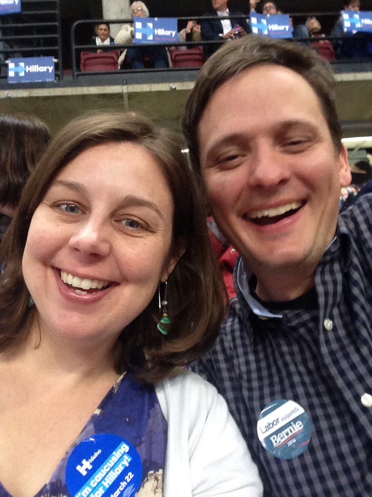 mdunay's tweet photo. A house divided! He's feeling the Bern, but I'm with her. #democracy! #IDCaucus #adacaucus https://t.co/gSkf7iqg4u