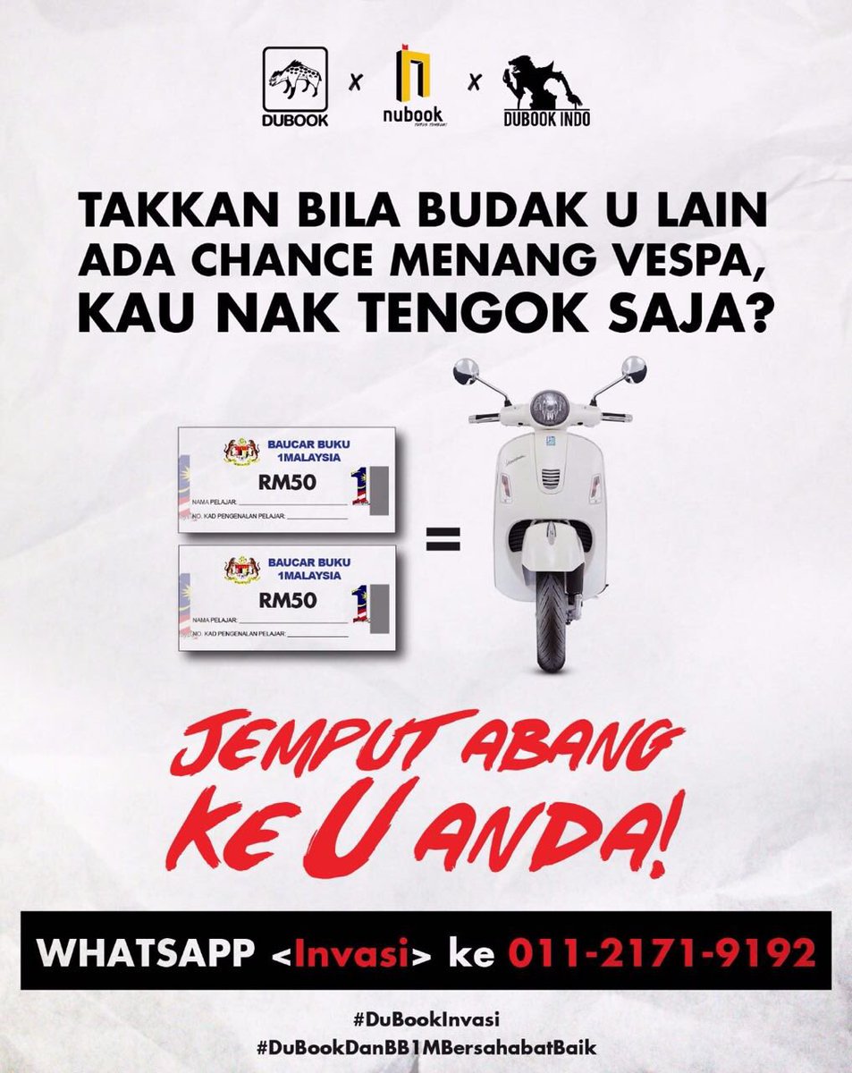DuBookPress's tweet photo. Jemput abang ke kampus kau. Beli buku dan menang Vespa.

Takkan kau nak tengok saja?
#DuBookInvasi https://t.co/fZ0qc5DaNf