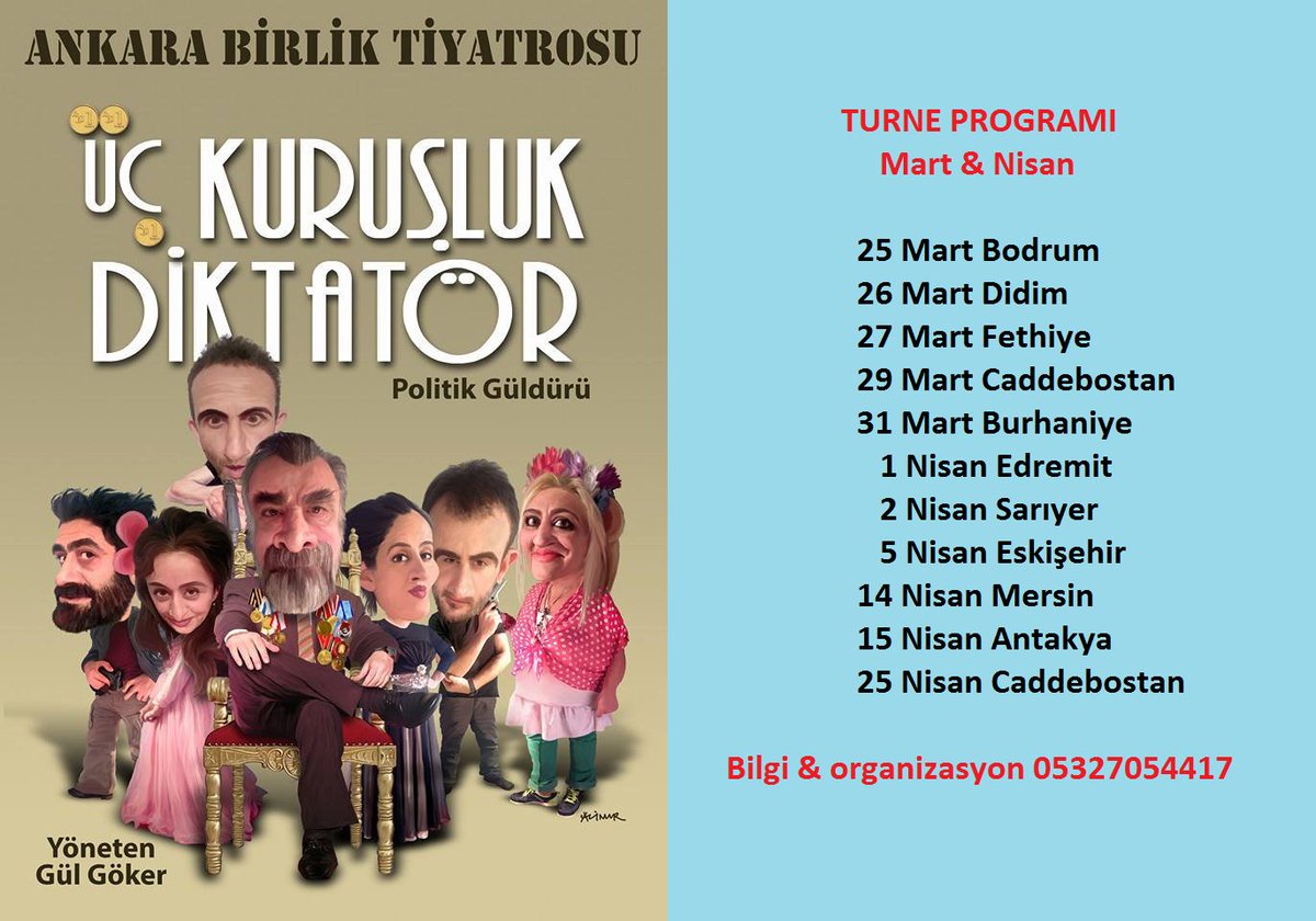 #ÜçKuruşlukDiktatör
Mart&Nisan Turne Programı..!
#Tiyatro #Diktatör #TiyatroOyunu #diktatörbozuntusu #politiktiyatro