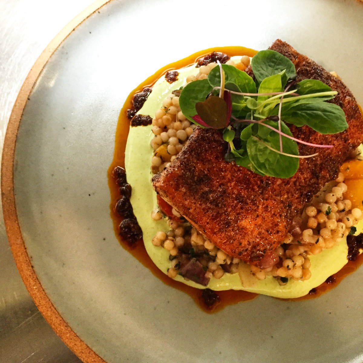 Za'atar spiced #salmon, cous cous, root veggies, coriander yogurt, harissa #alaska #bristolbay #sockeye #avleat