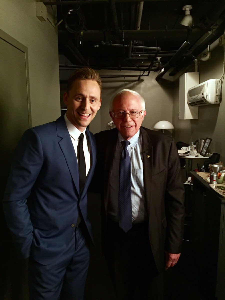 twhiddleston's tweet image. Look who I ran into backstage @jimmykimmel. #FeelTheBern