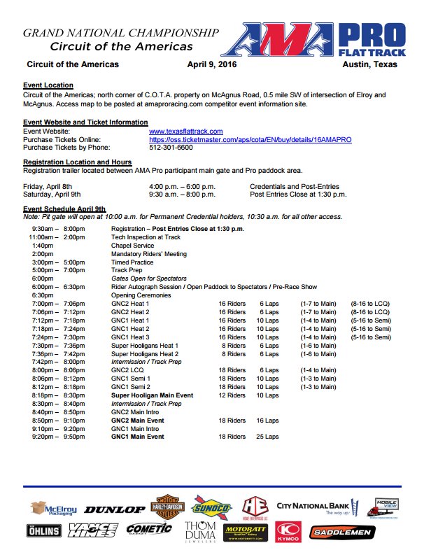 Event schedule for the April 9th <a href="/AMAProFlatTrack/">Ava ETC</a> #lonestarhalfmile at @circuitamericas texasflattrack.com/lone-star-half…