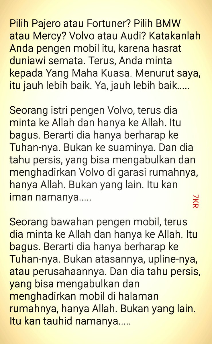 Pengen mobil bagus? Minta sama Allah. Itu bagus. Walaupun rada duniawi, tetap saja bagus. Yang setuju, retwit ya >>