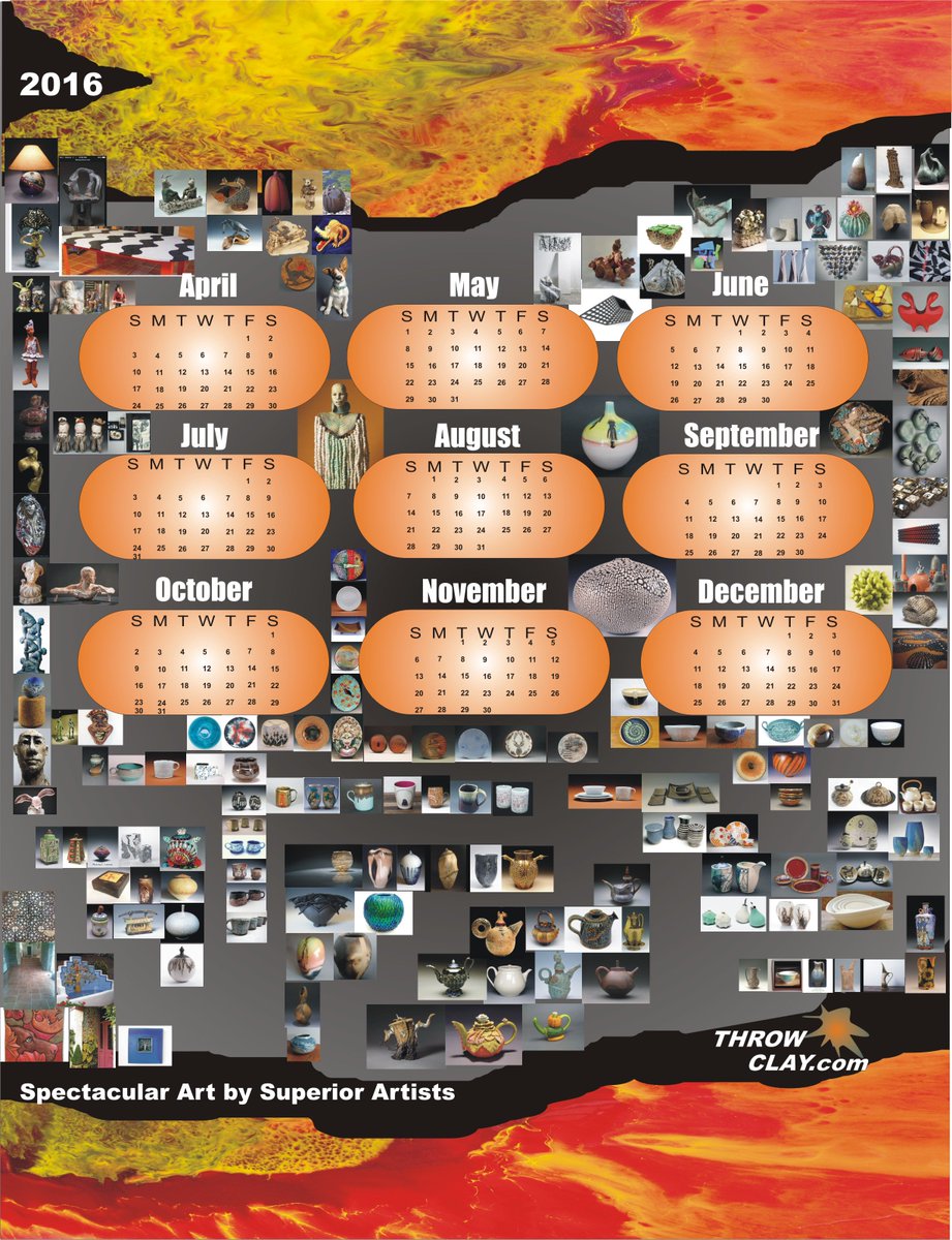 throwclaycom's tweet image. April thru December ceramic calendar of ThrowClay.com artists. A poster of pots, creations and sculptures.