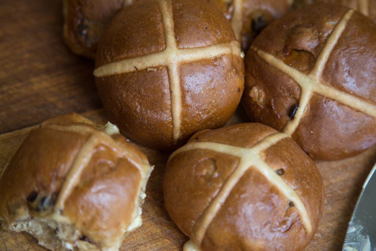 We're open until 12.30pm today! Last chance to grab our hot cross buns.