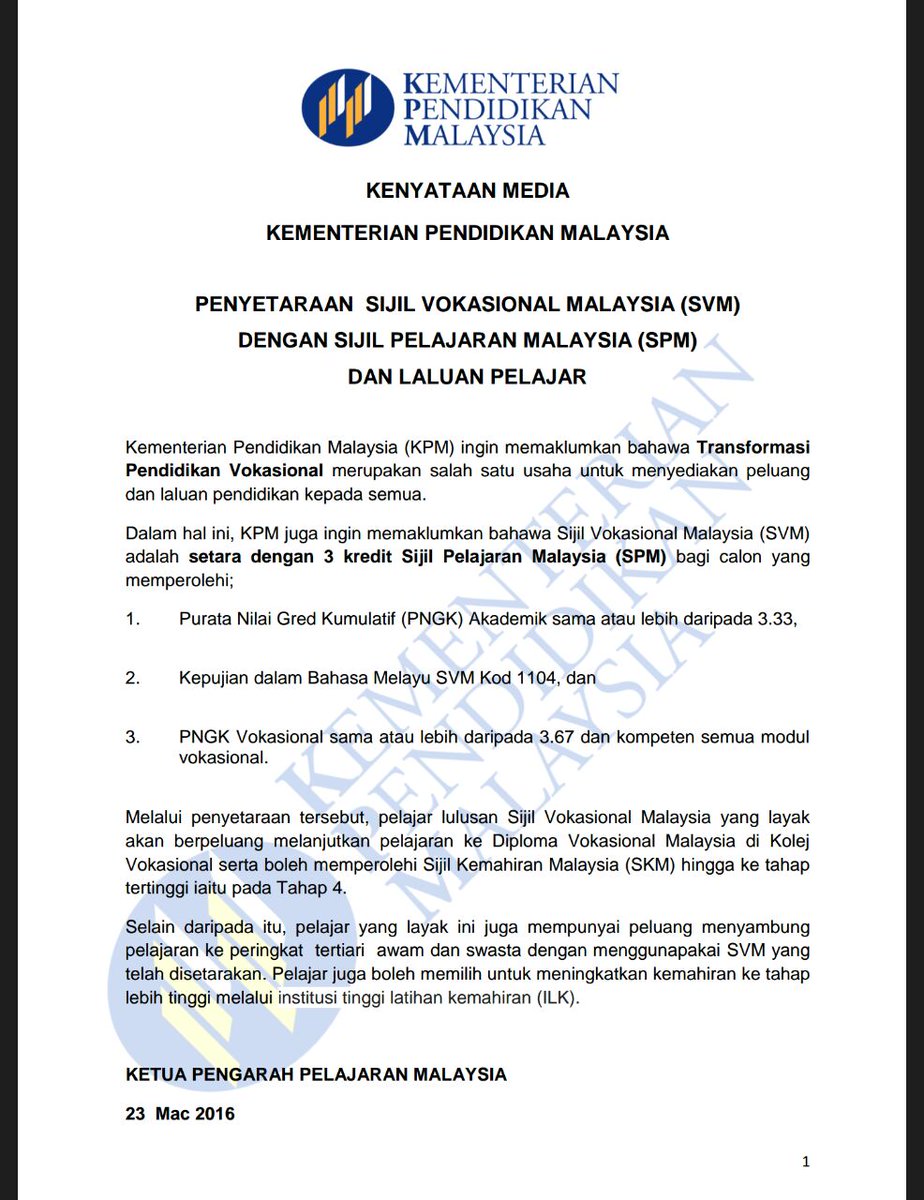 تويتر Mahdzir Khalid على تويتر Kenyataan Rasmi Tentang Penyetaraan Sijil Svm Dgn Spm Dan Laluan Pelajar Edumsia Edureer2015 Padueducation Https T Co Ykslyruds9