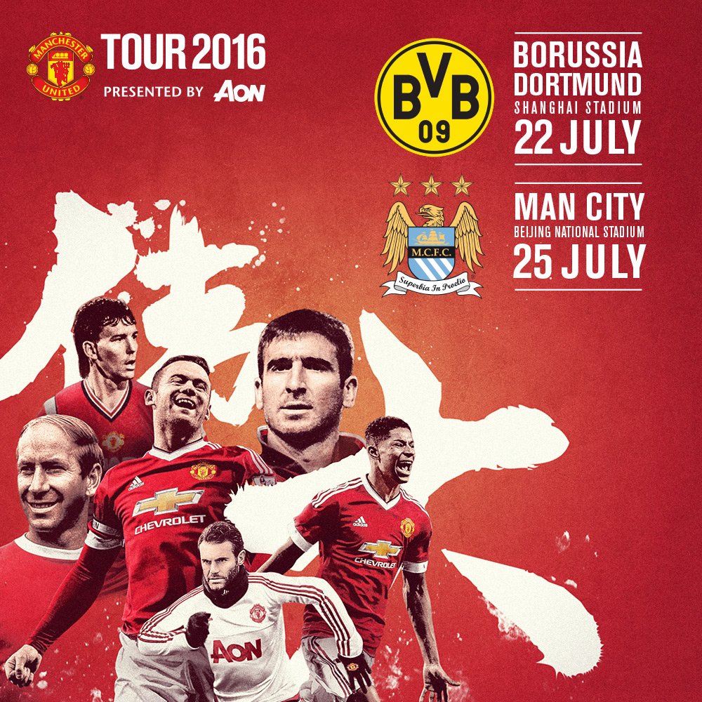 ManUtd's tweet photo. We'll play Borussia Dortmund and Manchester City in China this July on #MUtour. More: https://t.co/9IIcqrfbtJ https://t.co/Rkya32URny