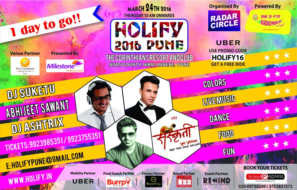 HolifyPune's tweet photo. 1 Day to go for happiest holi festival HoLIFY #Pune 
Grab ur tickets now https://t.co/HAvTXtkbh5 or Call 9890809007 https://t.co/hxsv389tjr