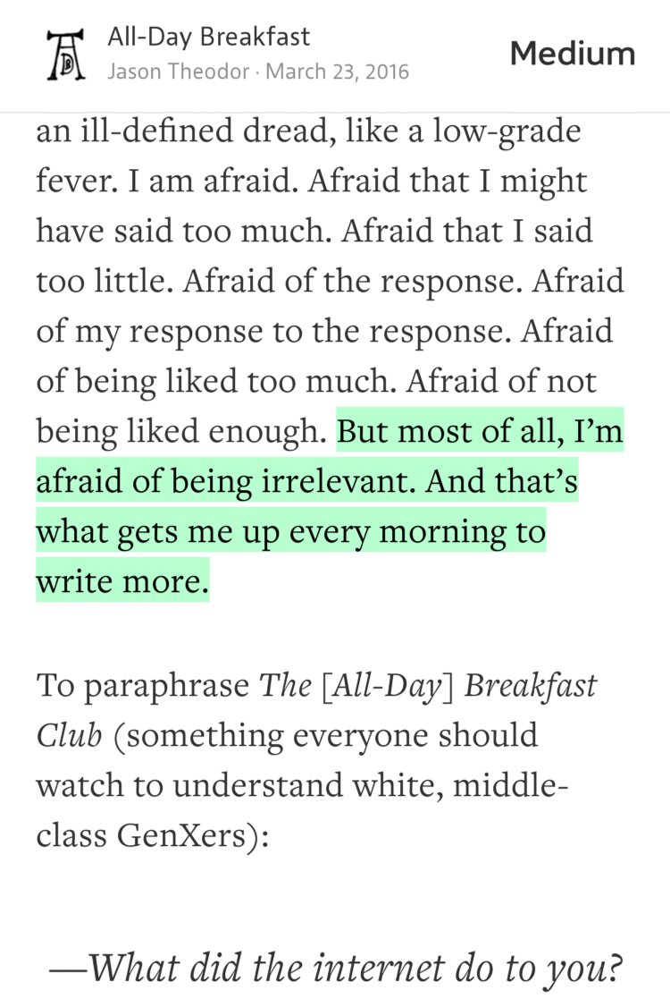 “…But most of all, I’m afraid of being irrelevant. And that’s what gets me up every morning to write more.” from “Planey McPlaneface” by Jason Theodor.