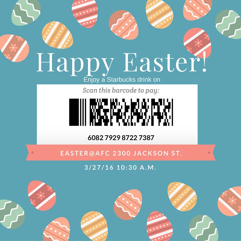 AFCNazarene's tweet photo. Use this FREE Starbucks card to buy a drink for a friend and invite them to church Sunday! #Easter@AFC https://t.co/yfRvpSRw8o