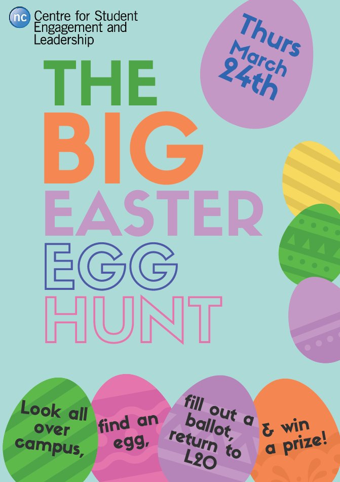 niagaracollege's tweet photo. Hop to it! Our campus-wide Easter egg hunt, hosted by @GetInvolvedNC, is tomorrow! #myNCstory #GetInvolvedNC https://t.co/ZUP1iNsZ1U