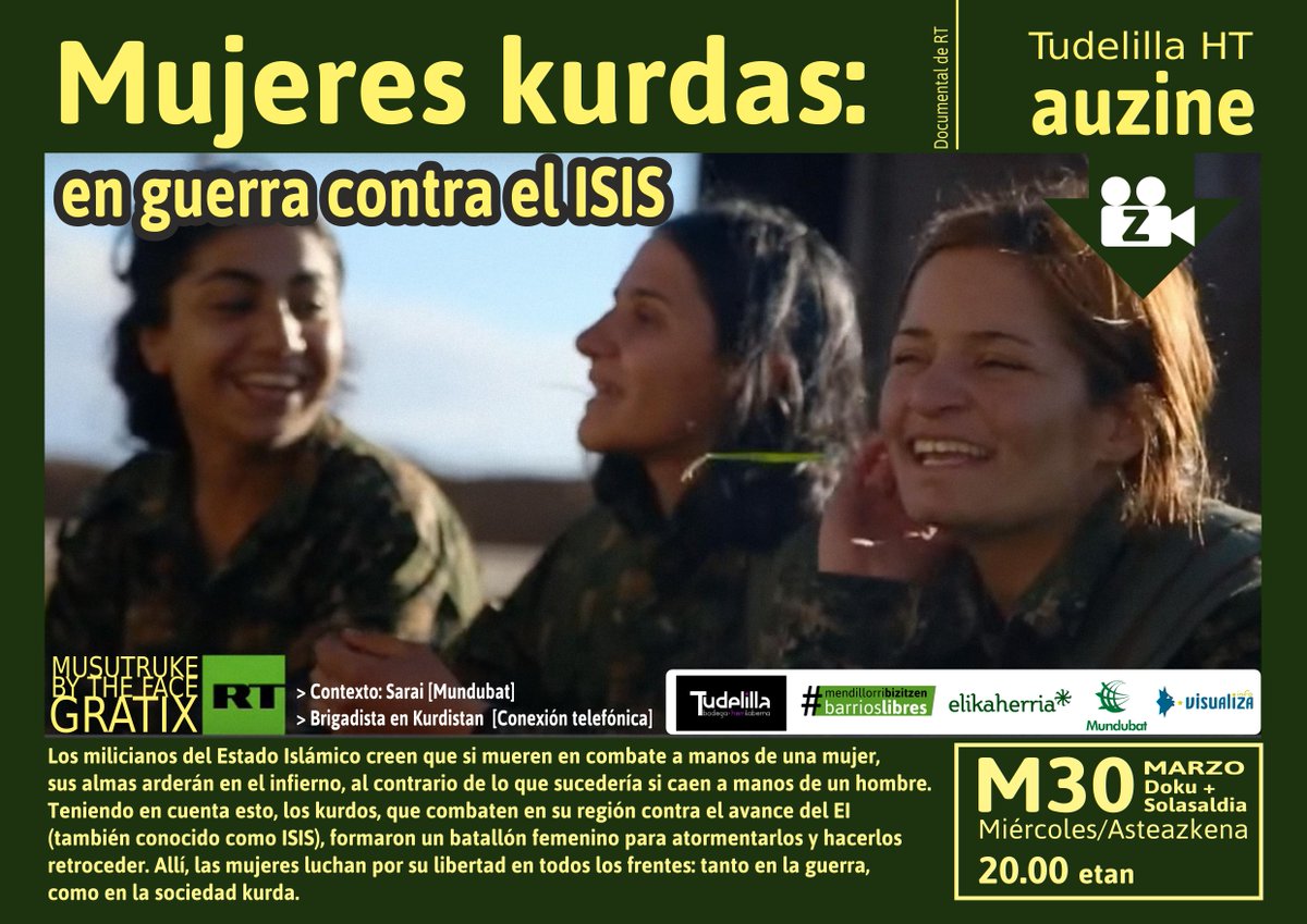 visualizainfo's tweet photo. #Auzine en Mendillorri @TudelillaHT cc @auzoabizitzen @Mundubat. «Mujeres Kurdas: en guerra contra el ISlS».30M, 20h https://t.co/QaihVygLra