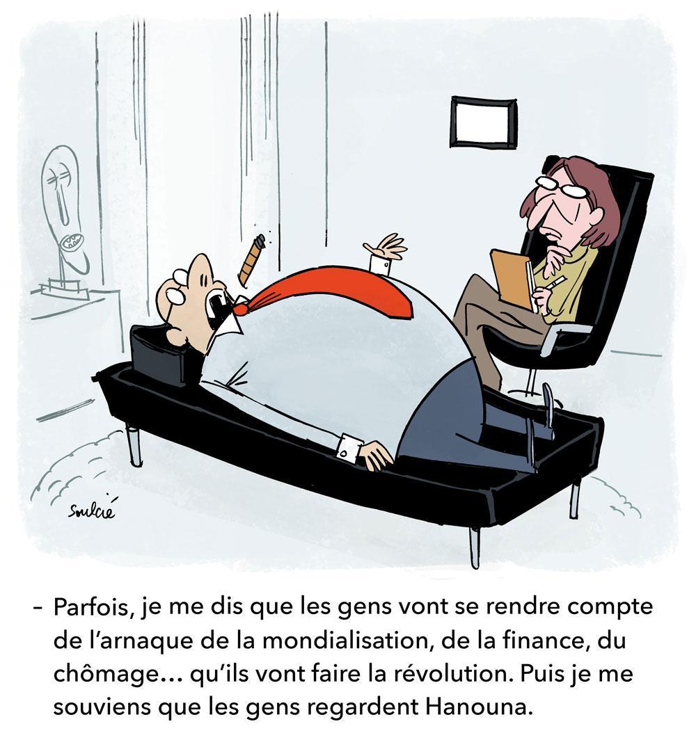 Telerama's tweet image. La révolution attendra, la faute à Hanouna. Dessin du jour par @tsoulcie ebx.sh/1RxOy5Y