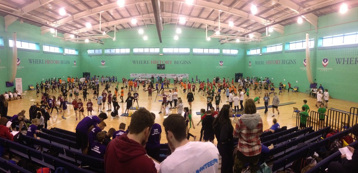 Sportshall Athletics warm up. A sea of colours for the @LR_Sport  School games #TeamMelton