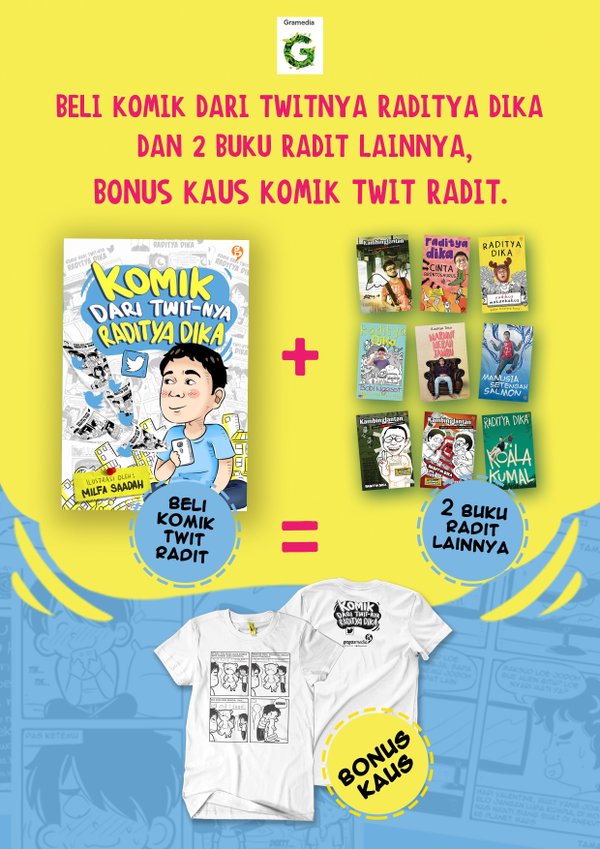 GramediaDutaBJM's tweet photo. Beli komik dri twitnya Raditya dika &amp; 2 buku Radit lainnya, bonus kaos komik twitnya Radit loh;)ayo stock trbatas;) https://t.co/YCocnEKLrs