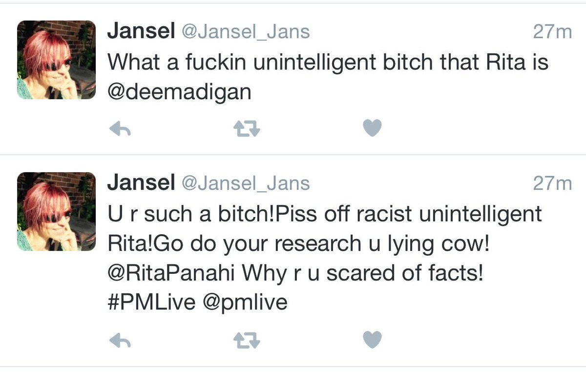RitaPanahi's tweet photo. Lunatic leftie bigot @Jansel_Jans seems a little angry. The lone troll from tonight. #block https://t.co/pHVcpzbEgG