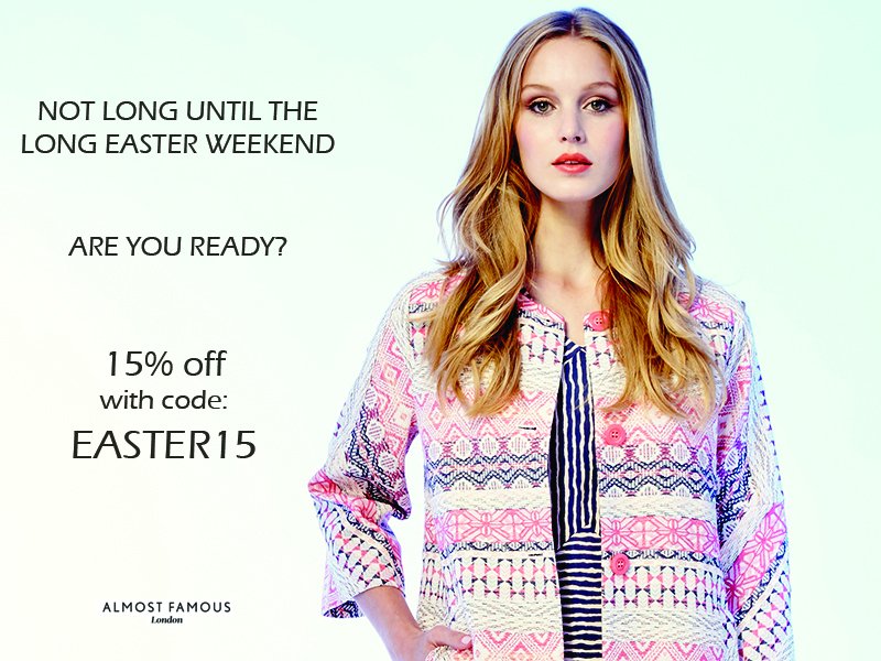 AlmostFamousLdn's tweet photo. NOT LONG NOW... 4 day weekend ahead! Get your style on with 15% off using code: EASTER15 https://t.co/n1l2FNcRRi https://t.co/7rl2XAsPCX
