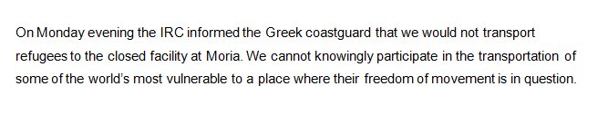 BREAKING: The IRC will not transport refugees to the closed facility at Moria, Lesvos. https://t.co/GoyDGqY6y8