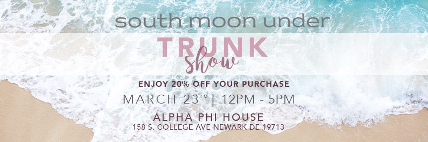 AlphaPhiUD's tweet image. Come stop by the South Moon Under trunk show today at 158 Soco from 12-5!!