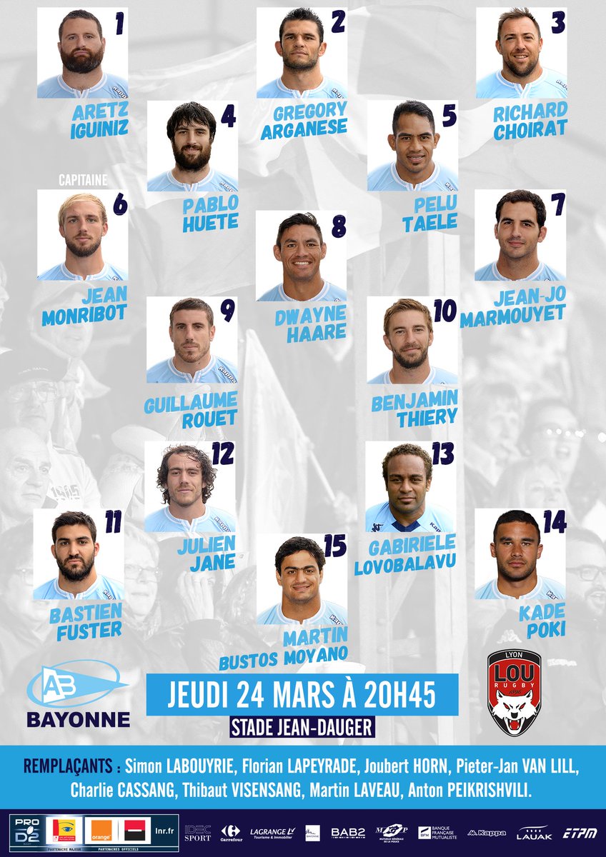 avironrugbypro's tweet photo. Voici le XV de départ ciel et blanc pour affronter @LeLOURugby demain à 20h45 ! #ABLOU #WeareBaiona https://t.co/sOp1kc6Req