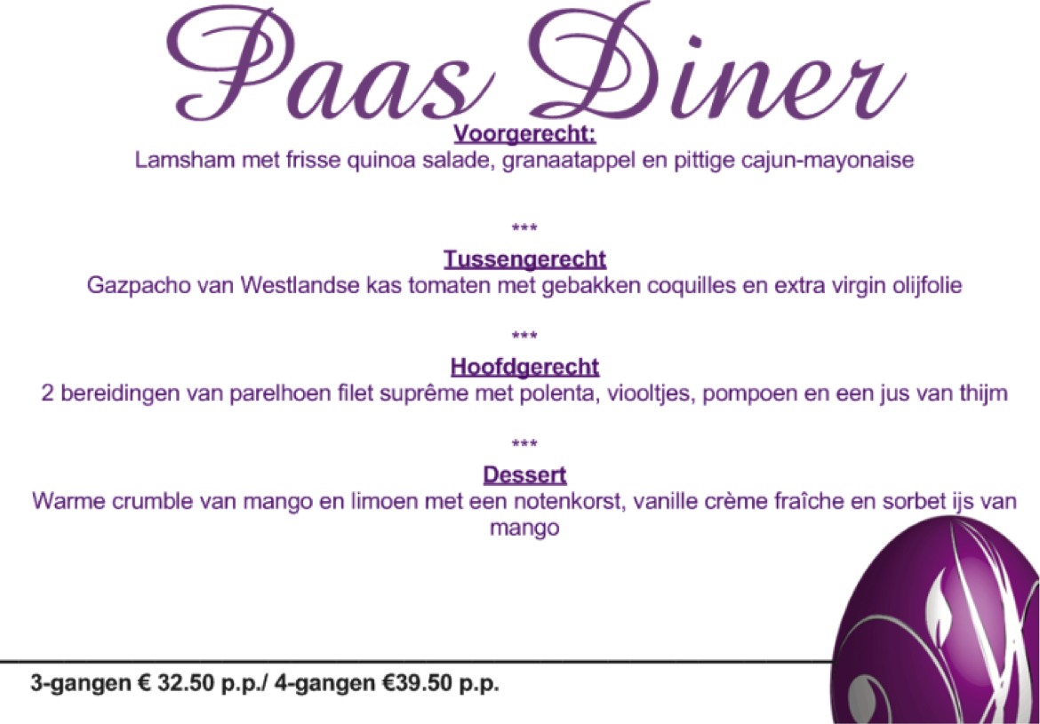 Het is weer bijna Pasen. Kom voor een gezellige Paasbrunch of een heerlijk Paasdiner naar Het Witte Huis