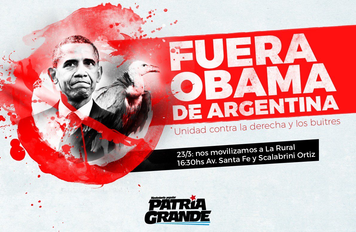 PatriaGrandeArg's tweet photo. #FueraObama Unidad contra la derecha y los buitres. Hoy nos movilizamos a la rural para repudiar su presencia https://t.co/NCMWc5m7JR