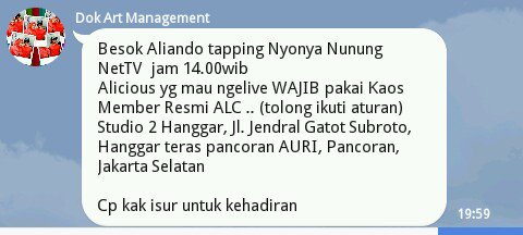 Alicious_PWT's tweet photo. Infoo bsk Ali Tapping Nyonya Nunung Nettv bgi Alc yg live pakai baju member dan hubungin ka isur
Cc @yhiyie23__ https://t.co/Q3XzC4ibfD