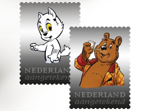 Postzegels van stripfiguren gedrukt op zilver. eurocase.net/tompoes/