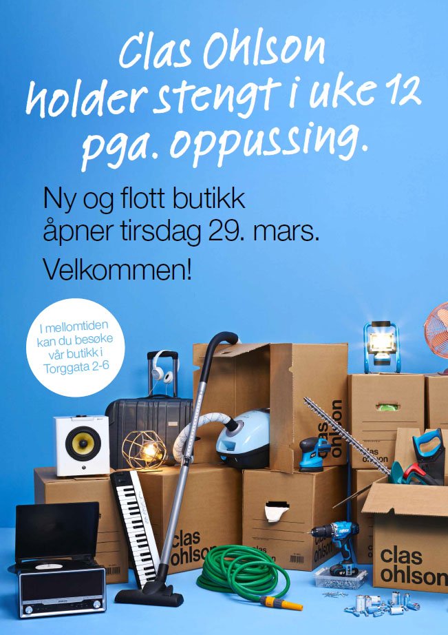 Vi gleder oss til Clas Ohlson OC åpner igjen tirs 29. mars @ClasOhlsonNorge Oppussing på gang resten av påsken! https://t.co/FNlHZvedOB