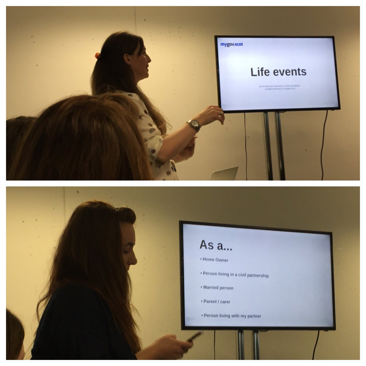 reececargan's tweet photo. It's @redowle &amp; @ang_morrison_  explaining their 8 week discovery wrk on #lifevents for @mygovscot #ContentStrategy https://t.co/qc7dUMATtN