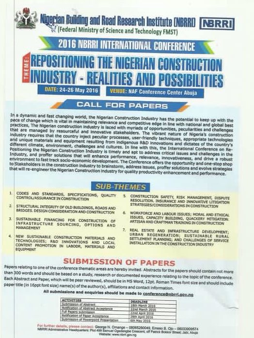 Sharksawn's tweet image. Call for Papers: &apos;Repositioning the Nigerian Construction Industry - Realities &amp;amp; Possibilities&apos;. 
#NBRRI #FMST #NIA