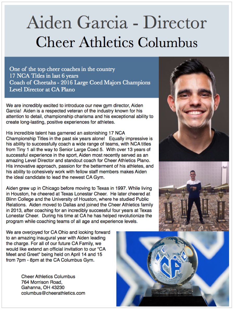CheerAthletics's tweet photo. Announcing the AMAZING new CA Columbus director: Aiden Garcia, a phenomenal coach (@CA_Cheetahs) from @CA_PlanoTX https://t.co/NJmQWRuBlI