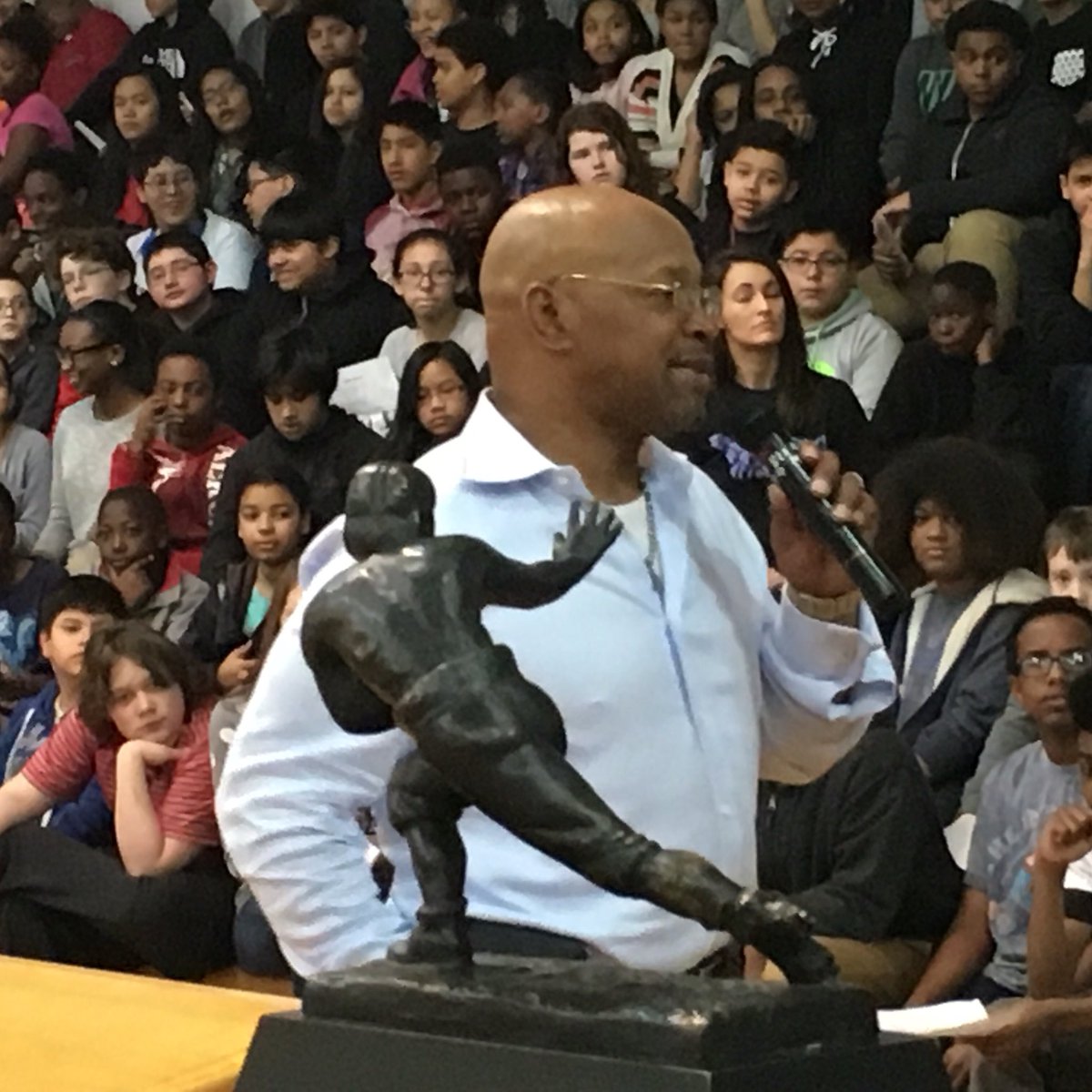 edgargeo's tweet photo. 930+ Argyle students listening to Mike Rozier, 1983 Heisman Trophy award winner, speak about his life and theirs. https://t.co/57dx4IEpR6