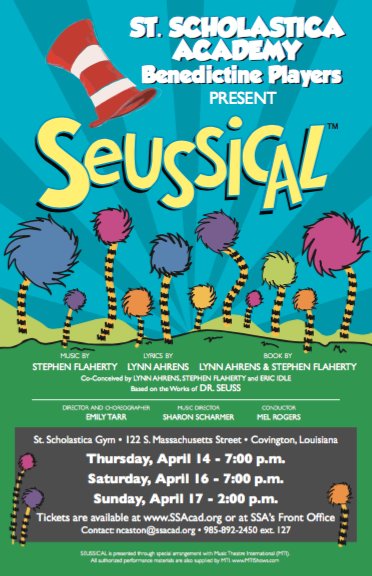 SSADoves's tweet photo. Tickets for SSA's "Seussical" are on sale now! Call 985-892-2540 x 127 or visit https://t.co/3NHldgfaqv #SSADoves https://t.co/Q3hswPfKVJ