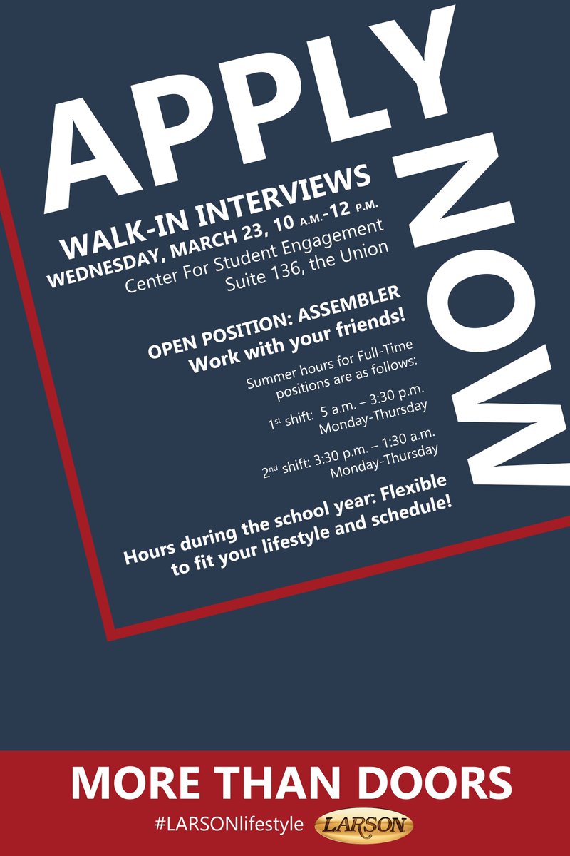SDSUCareerDev's tweet photo. Don’t let wintry weather stop you from hopping in for Walk-in Interviews with Larson Manufacturing! #SDState #jobs https://t.co/Nvd8xzGln5