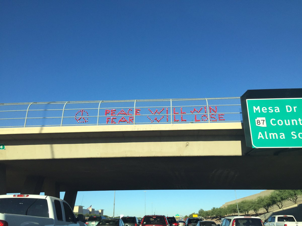 CxitlynHuettl's tweet photo. Saw this driving to Downtown Phoenix this morning.

Peace will win
Fear will lose 
|-/

#BrusselsAttacks https://t.co/LjVWp6ignl