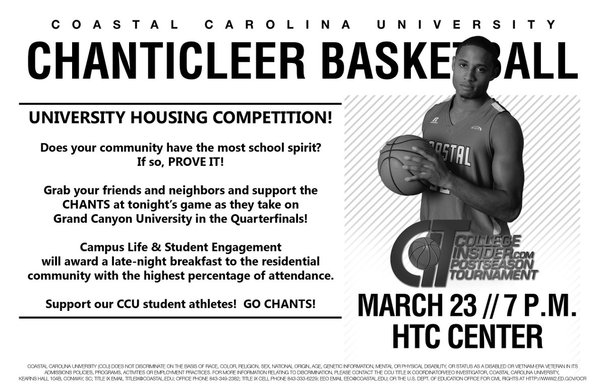 Help your residential community win free late-night breakfast &amp; come to <a href="/CoastalMBB/">Coastal Men's Basketball</a> game tonight, 7pm. @CHANT_411