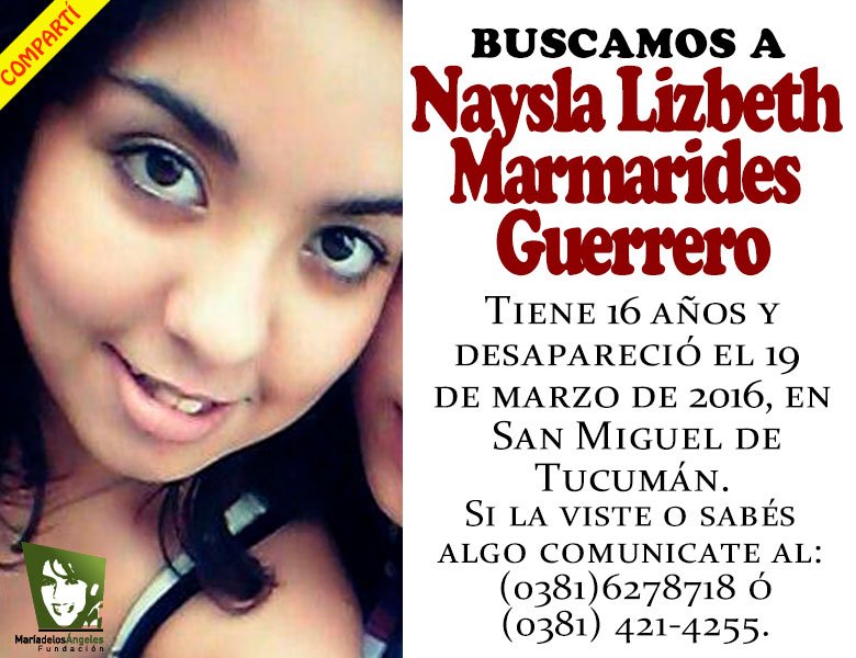 SusanaTrimarco's tweet photo. Ayudanos a difundir RT! Buscamos a Naysla Marmarides Guerrero, tiene 16 años y desapareció el 19 de marzo en Tucumán https://t.co/xDNiTwOn4C