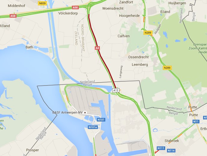 rutger_'s tweet photo. Op Google Maps zie je de files bij de Nederlands-Belgische grens staan. Alleen Nederland ín staat er file. https://t.co/oYu2cPfrW1