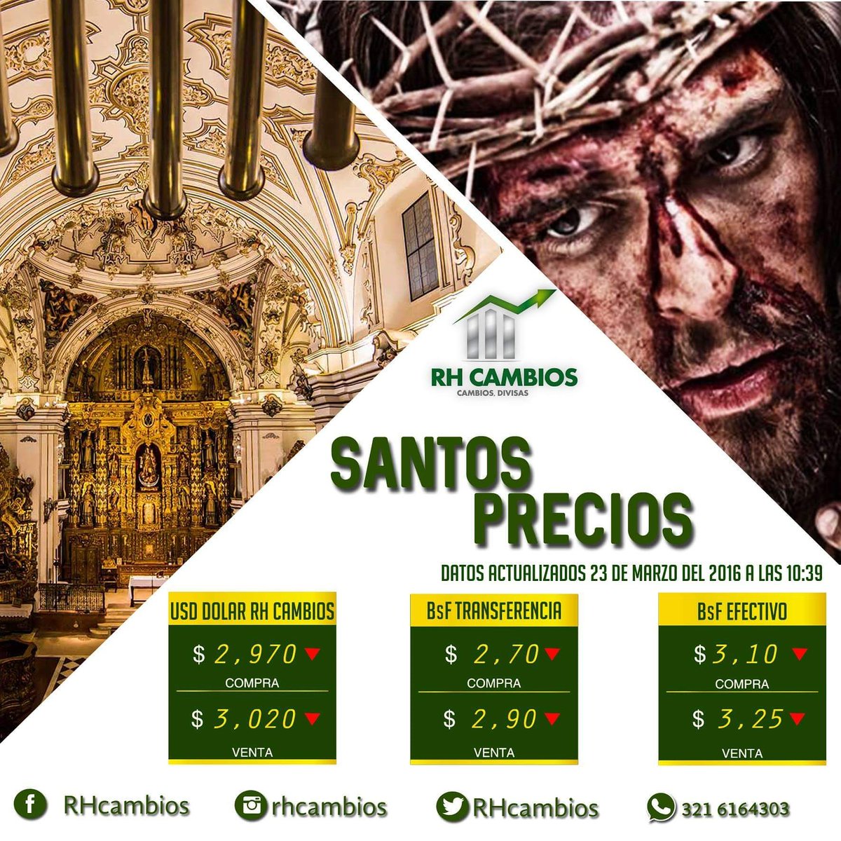RHcambios's tweet photo. USD Compra  $2,970 Venta $3,020  Bs F. Efectivo Compra  $3,10 Venta $3,25 Transferencia Bs F. Compra$2,70 Venta $2,9 https://t.co/URNeLJdVWG
