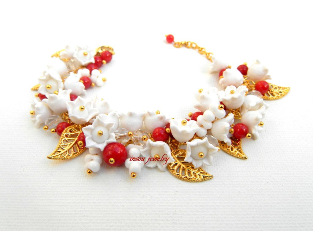 Flower Bracelet White Jewelry White Red Coral Jewelry Handmade Bracelet Lily Of The Valley… ift.tt/1PTHYcR