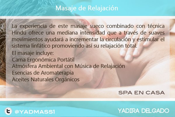 yadmass1's tweet photo. @En_laDelValle Aprovecha estas vacaciones y relájate  con un #masajeSPA en la comodidad de tu hogar 5539864675 https://t.co/zPV2s1I4uA